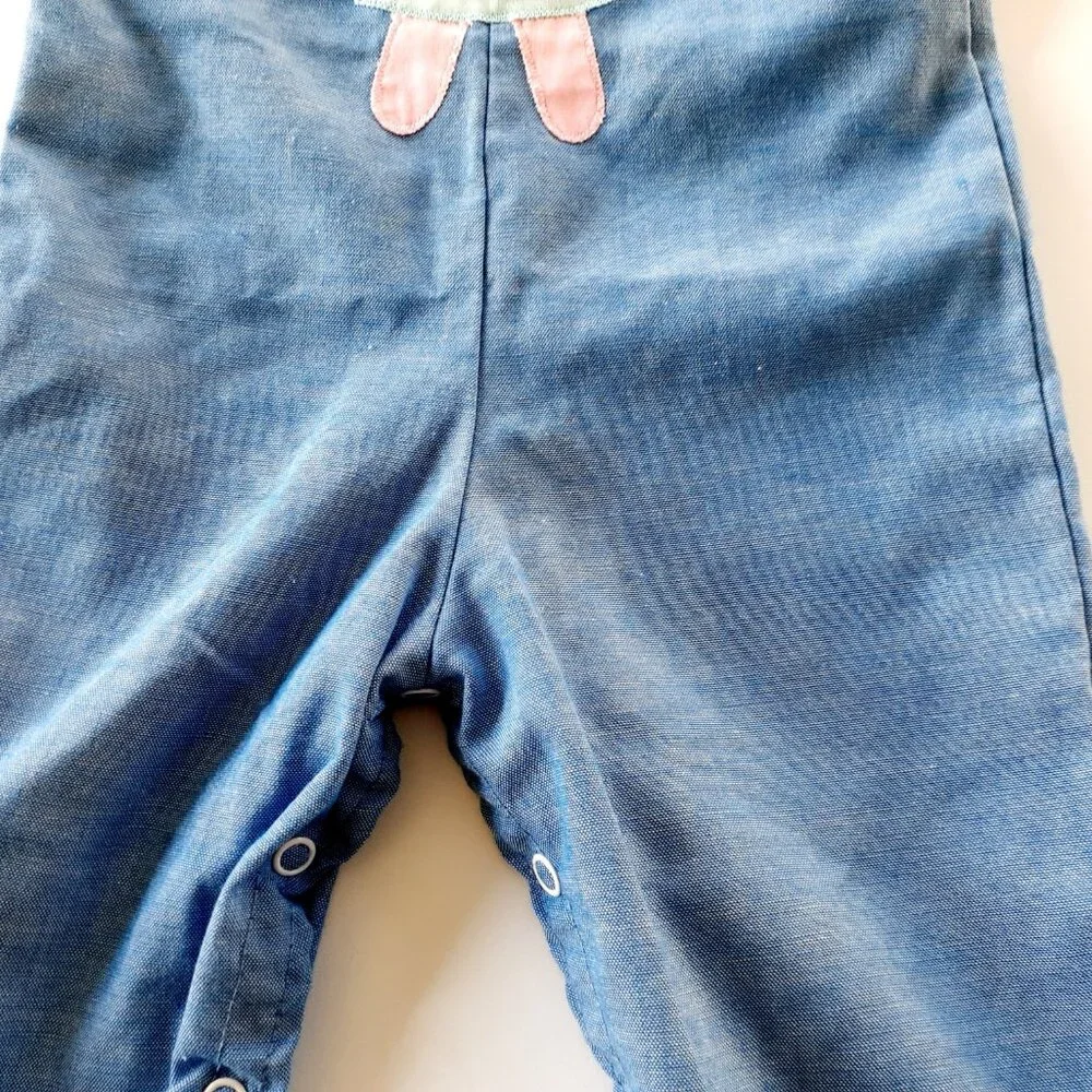Vintage Girls Romper Overall Chambray Ruffle Maggie Mackall Blue Small 6 Months